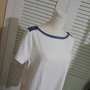 LAUREN by Ralph Lauren NWOT XL White Tee with blue zip shoulder accent easy care